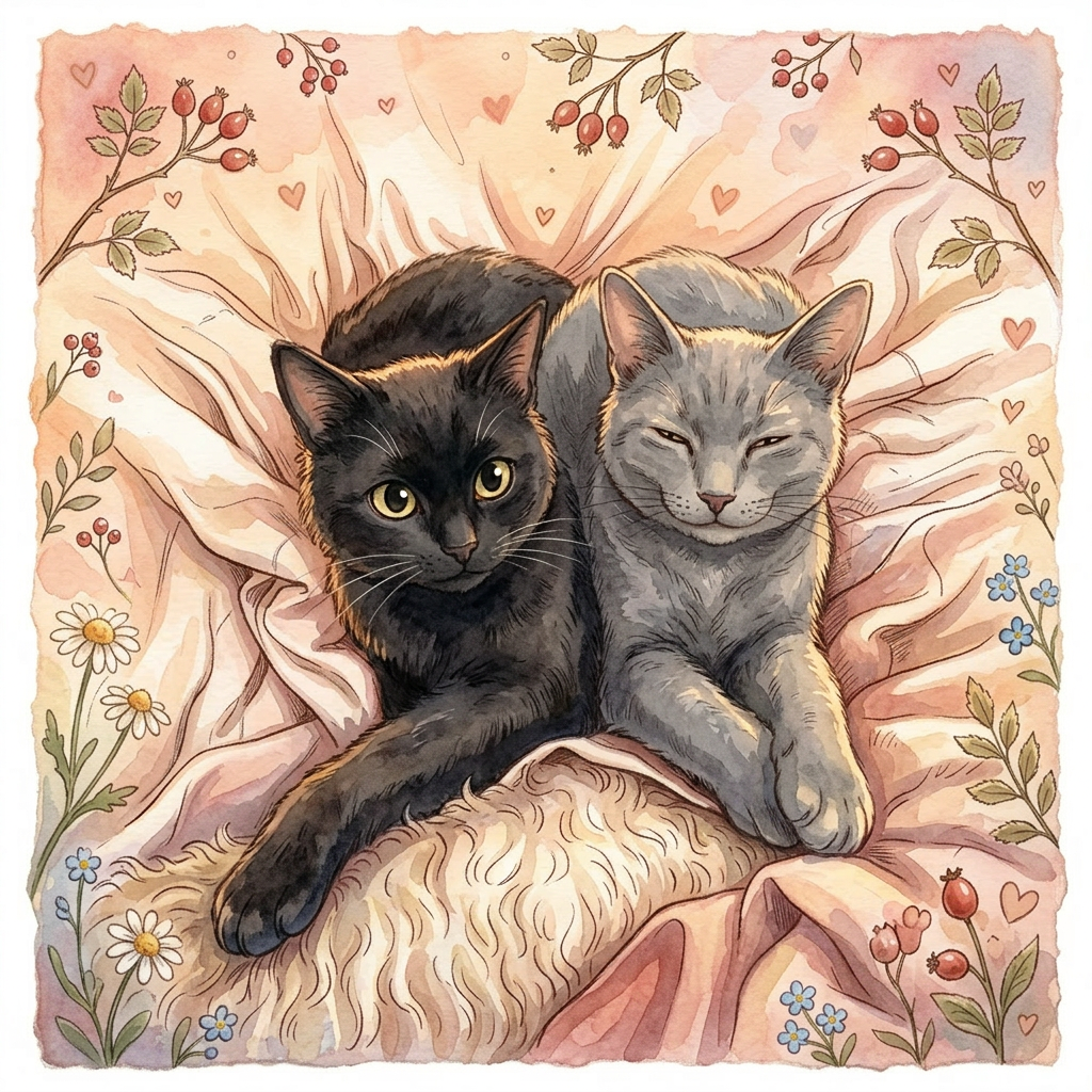 Illustration unserer zwei Katzen: eine schwarze und eine graue